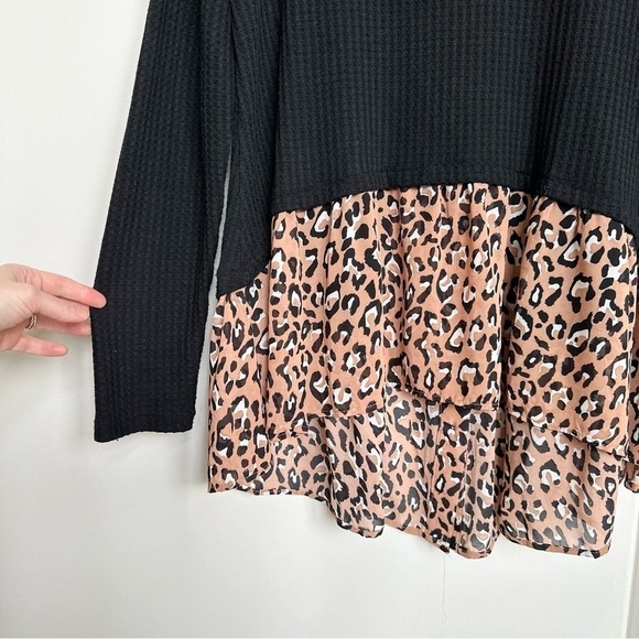 Umgee Tunic Waffle Knit Layered Look Black Brown Cheetah Leopard Long Sleeve - Picture 3 of 7